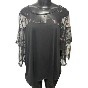 1X Ultra Teeze Womens Black Mesh Yoke Sleeve Embroidered Shirt
